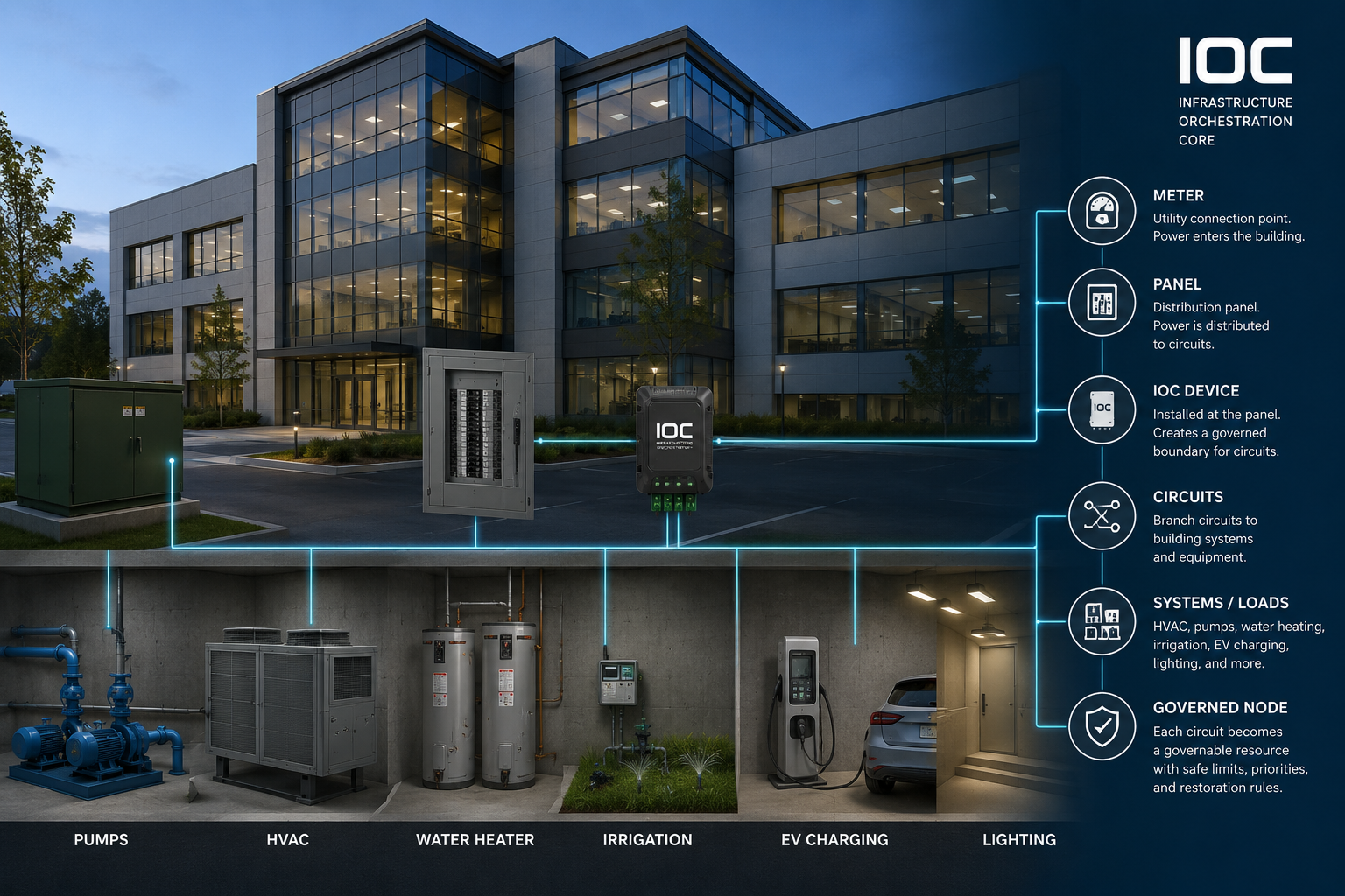 Infrastructure Orchestration Core connecting building demand systems at the meter, panel, circuit, and load boundary