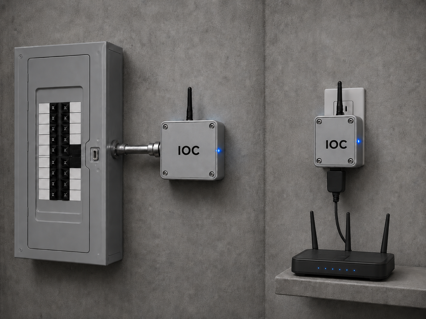 IOC retrofit node shown beside existing building electrical equipment.